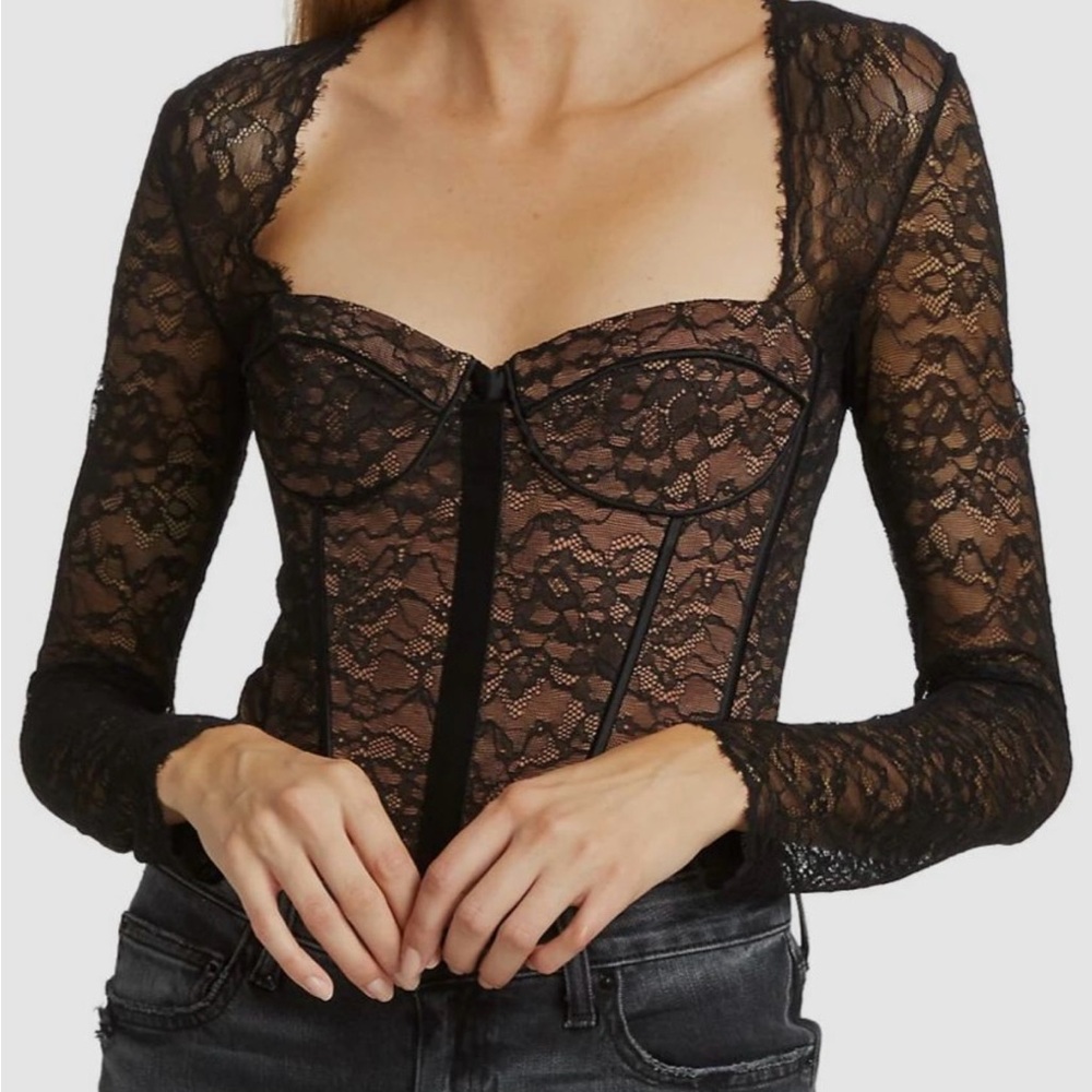 Cami NYC Women's Black Silk-Trim Lace Corset Bodysuit Size L